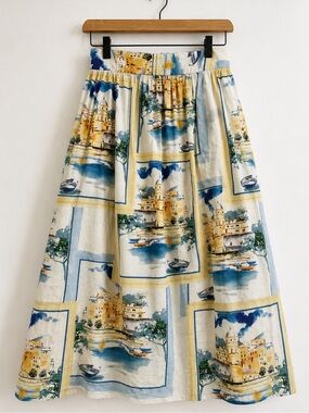 Elie Tahari 100% Cotton Mediterranean Scenic Print Midi Skirt Pockets, size S